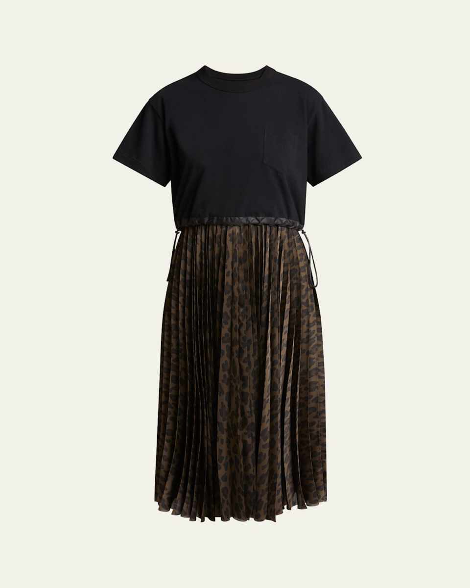 Leopard Pleated Midi T-Shirt Dress